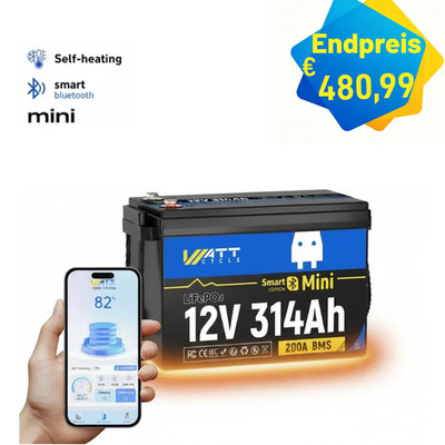 LiFePO4 12V 300Ah Self-Heat Lithium Batterie 314Ah Bluetooth 200A BMS Wohnmobil