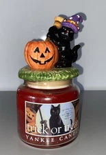 Rare Yankee Candle Trick Or Treat Halloween  Candle 14.5 Cat & Pumpkin Topper