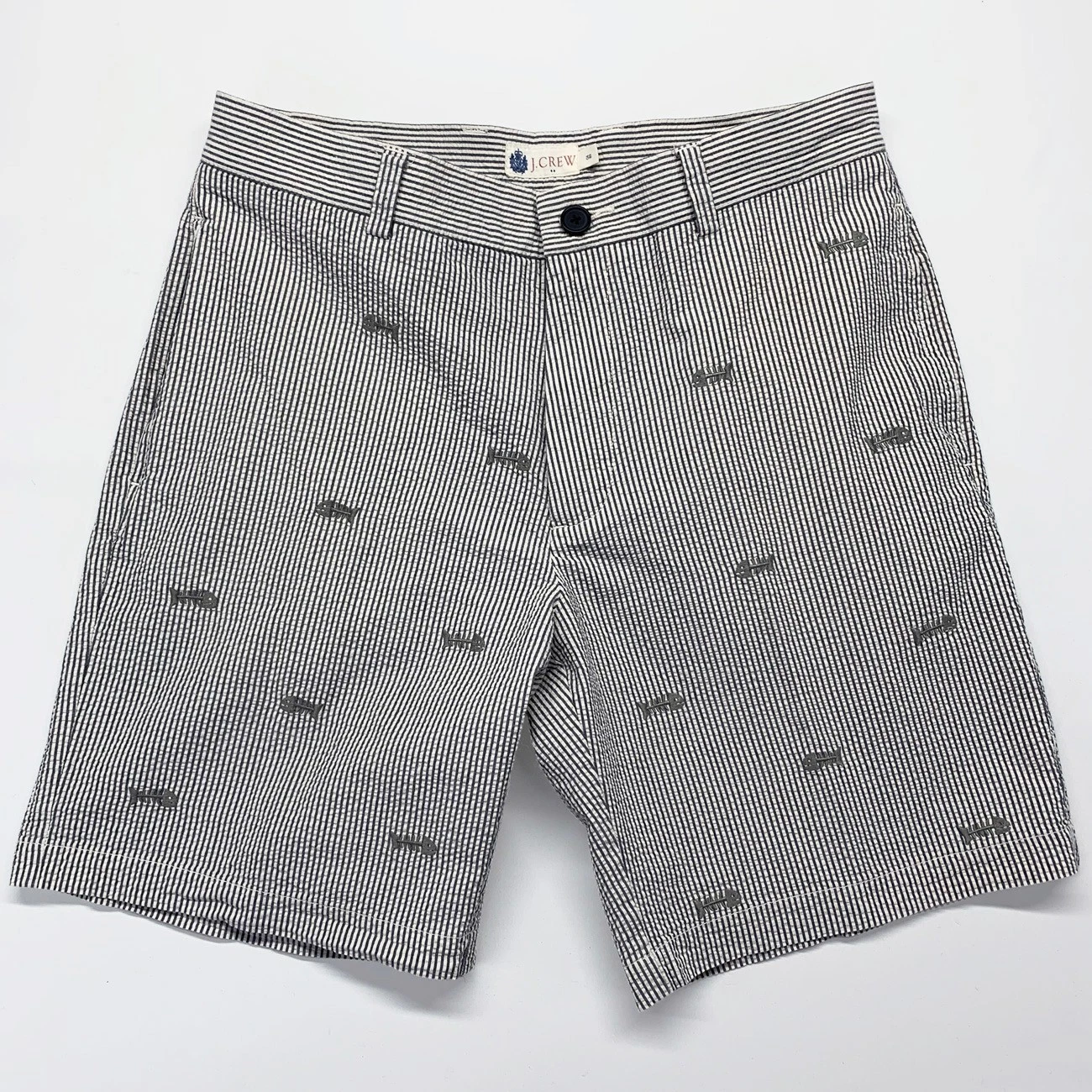 J Crew Shorts Mens 32 Seersucker Striped Navy Chino Skeleton Fish Embroidered