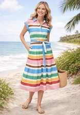 J. CREW Midi Rainbow Striped Shirt Dress Size 2 Button Front Tie Belt Preppy