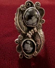 Vintage Sterling Silver Navajo Snowflake Obsidian Statement Ring 11.2g Sz. 7 3/4