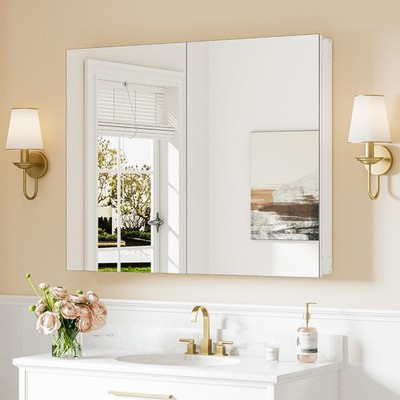 Keonjinn 40x32in Large Medicine Cabinet Mirror White Aluminum Adjustable