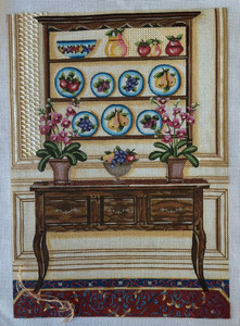 Plate collection in entry   painted and partly worked needlepoint canvas 18 ct