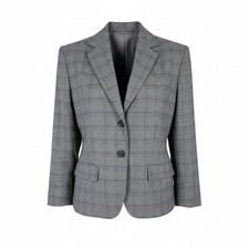 Tahari ASL Blazer Size 10 Gray Black Purple Glen Plaid Flap Pockets 2 Button