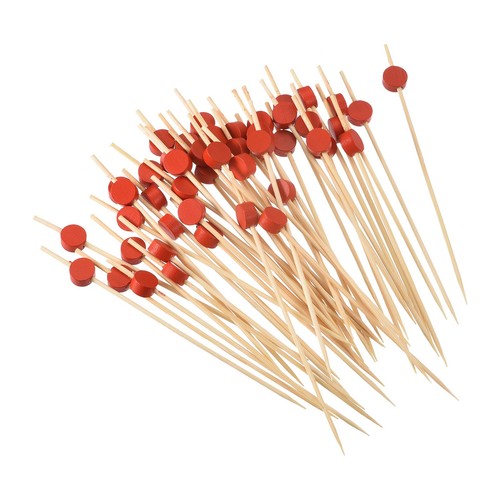 100 Stück Bambus Cocktail Zahnstocher Rot Flach Rund Getränk Sticks Spieß Sticks