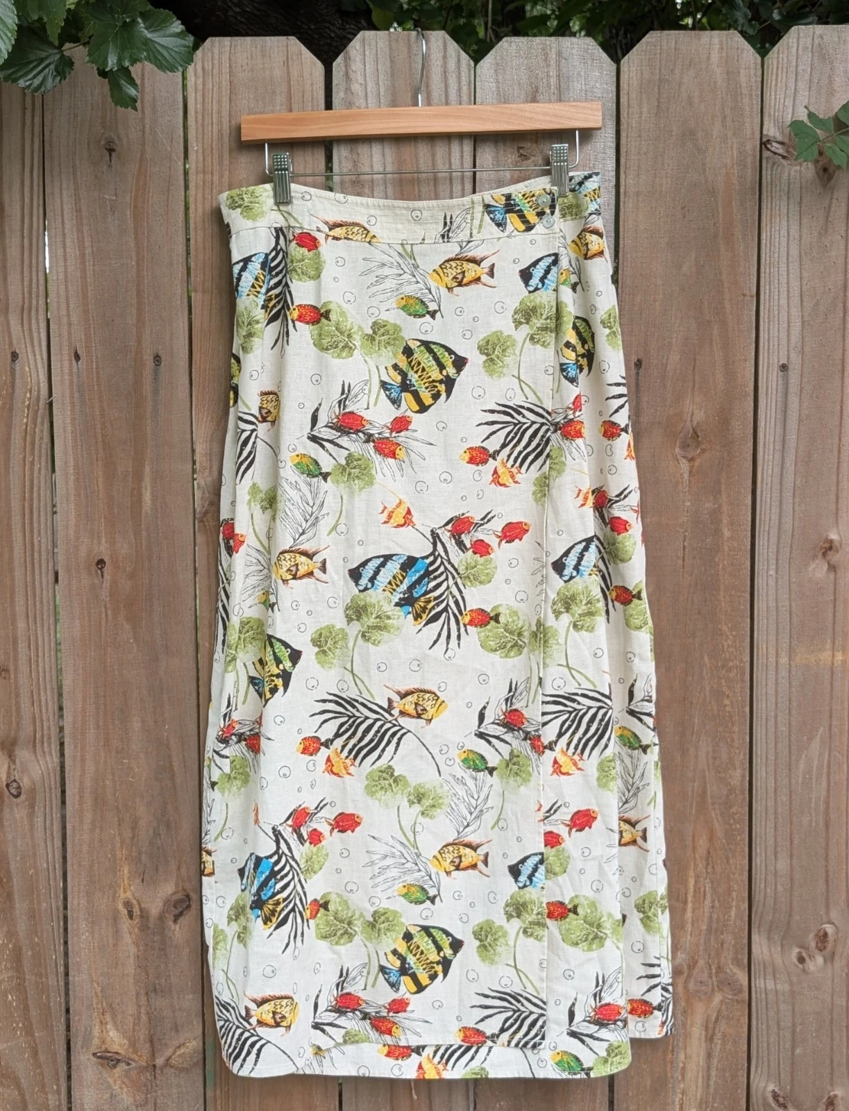 Vintage Stonebridge Coastal Tropical Fish Patterned Linen Blend Maxi Wrap Skirt