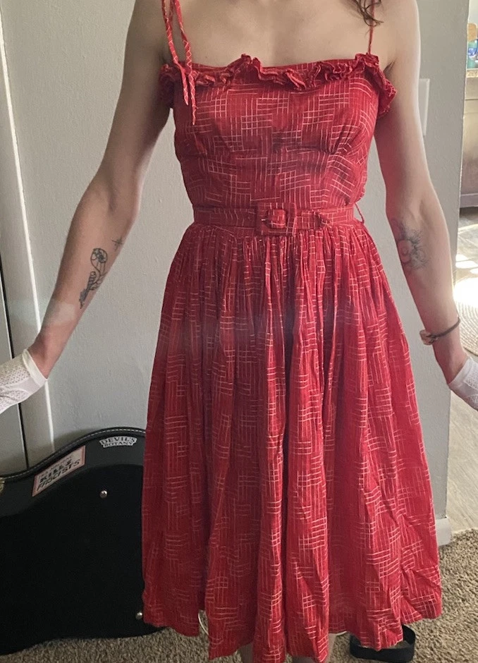 1950s Red Rockabilly Swing Ladies Handmade Checked Sun Dress Belt Bolero  Sz 0-2 - Image 4 of 4