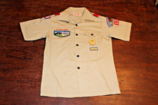 Boy Scouts of America BSA Youth Shirt Tan Large Sewn Patches Short Sleeve