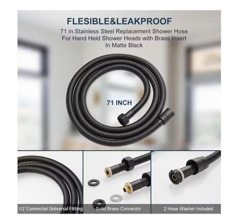 BWE 70.8 in. Stainless Steel Replacement Handheld Shower Hose in Matte Black - 第 4/6 張圖片