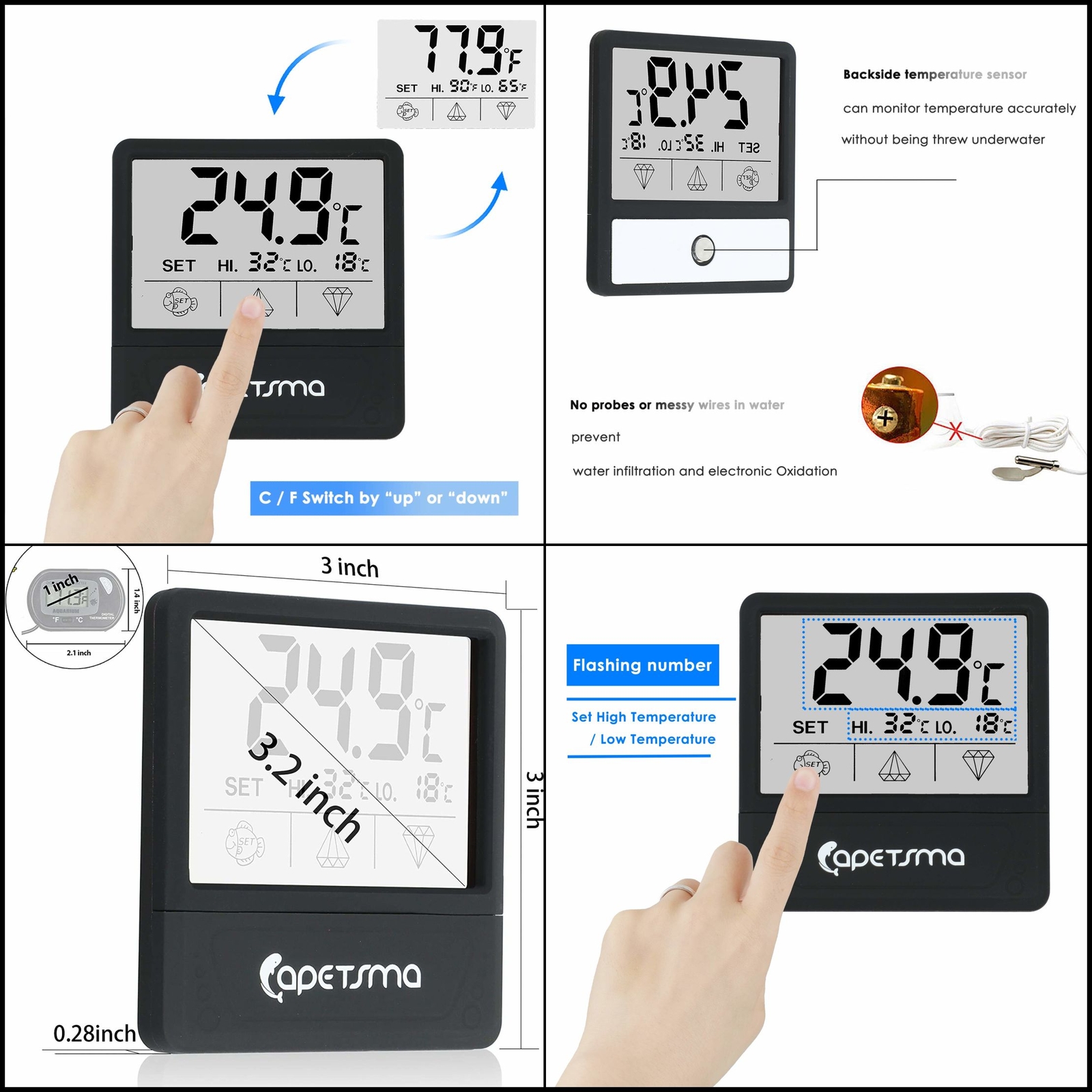 Digital Fish Tank Thermometer with LED Touch Screen Display
