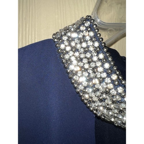 Rhinestone Neckline 14W Short Mini Cape DRESS Navy Blue Chiffon Lined STUNNING - Picture 3 of 13