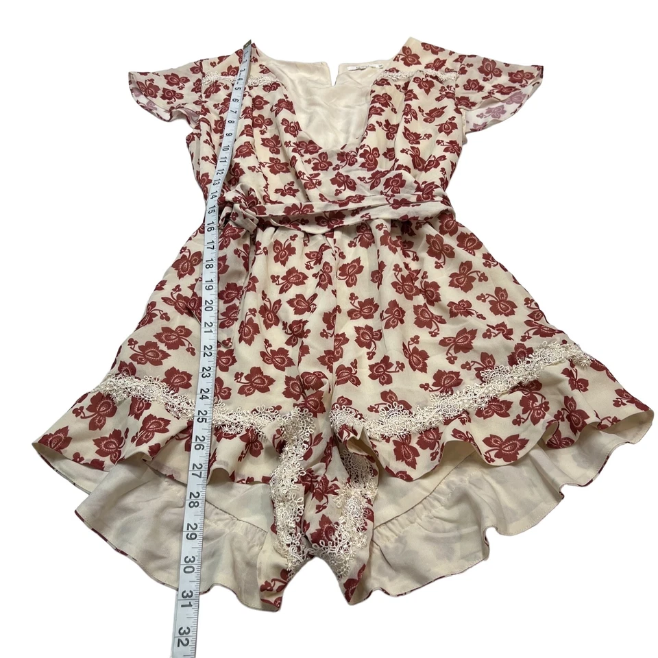 Mameluco Tularosa Mujer S Beige Floral Gasa Crochet Detalle Corbata Cintura Boho Foto 3 de 4