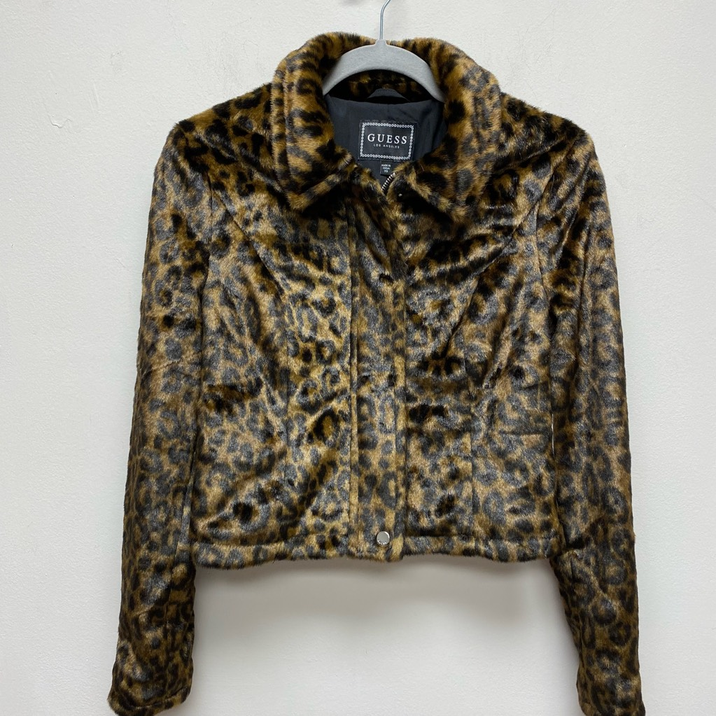 PONY Giacca donna Guess marrone nero stampa leopardata tasche miagola finti capelli di cavallo XS nuova