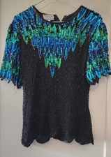 Vintage 80s Stenay Silk Black Turquoise Green Sequin Beaded Top Size S/M