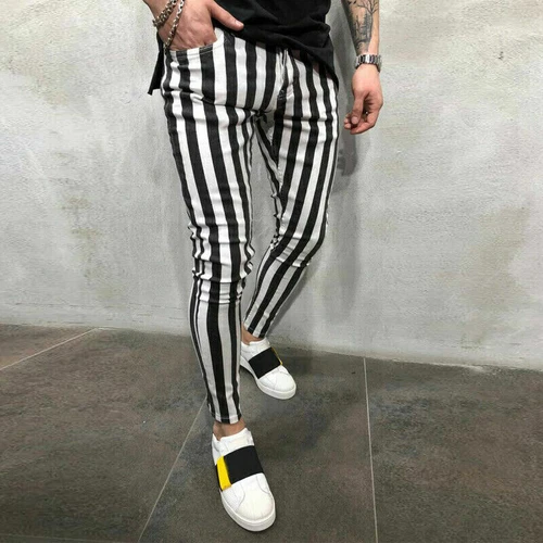 DE uomo a righe a quadri nero bianco pantaloni estivi slim tempo libero comodi pantaloni @ - Foto 13 di 15