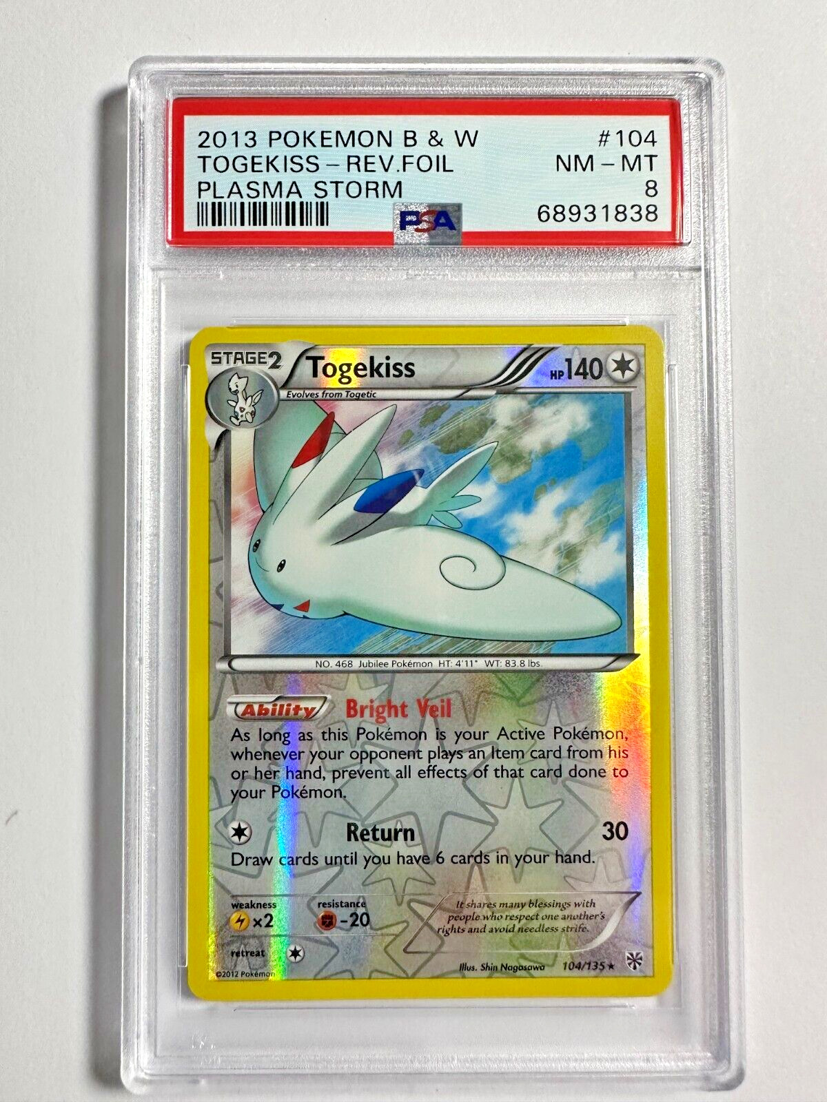 PSA 8 NM-MT Togekiss Reverse Holo 2013 Pokemon B & W Plasma Storm #104