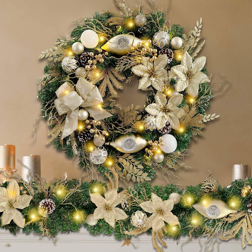 Pre-Lit 24 Inch Lighted Christmas Wreath for Front Door Champagne Gold Christmas - Picture 7 of 7
