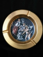 Vgt. 1960s Bronze Gold Hand Painted* Ceramic Pottery Ashtray Made In Italy