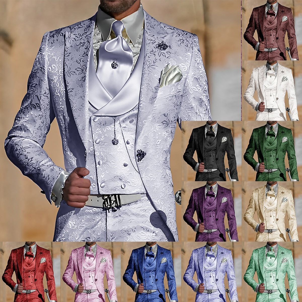 Paisley Floral Men Suit Sets 3pc Slim Fit Prom Groom Tuxedos Peak Lapel Business