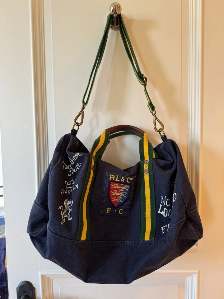 Polo Ralph Lauren Navy Green Yellow Straps Duffle Bag Preppy Patches Collegiate - Image 2 of 4
