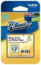 NEW Brother P-Touch  M-231 1/2" BLACK on WHITE .47 In × 26.2 Ft (12 mm × 8 m)