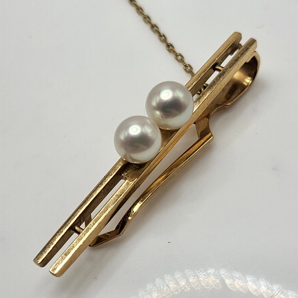 14k Wako Solid Yellow Gold Tie Clip Japan Vintage 4.2 Grams 5.55 mm Pearls RRP  - Image 4 of 4