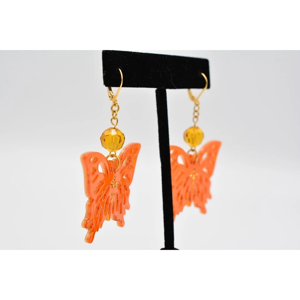Pendientes Colgantes Mariposa Naranja Lucita Estrás Cristal Tono Dorado BinH Foto 4 de 4