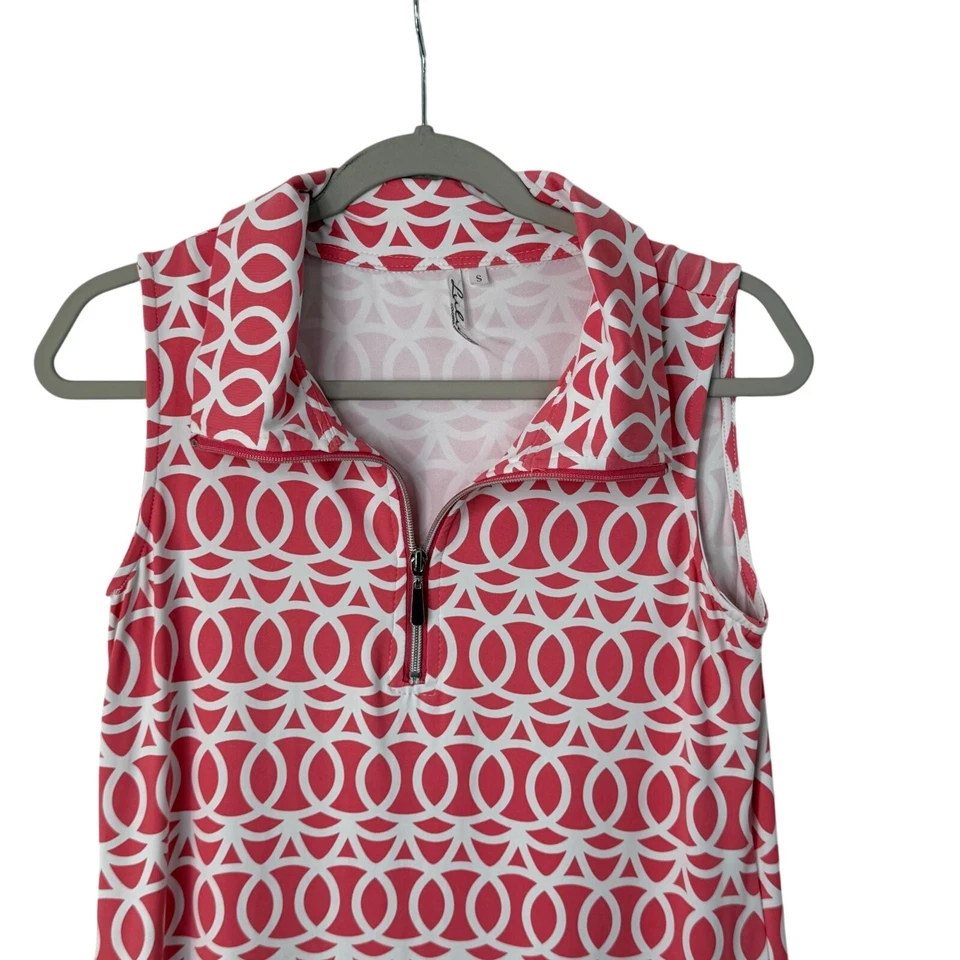Lulu-B Sleeveless Zip Polo Golf Dress Pink White Geometric Print Size S UPF 50+ - Image 3 of 4