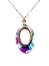Purple Teal Gold Acrylic Pendant | Gold Filled | Tortoise Shell Oval Pendant