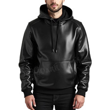 Men's Black Premium Leather Hoodie Handmade Genuine Lambskin Leather Jacket Coat