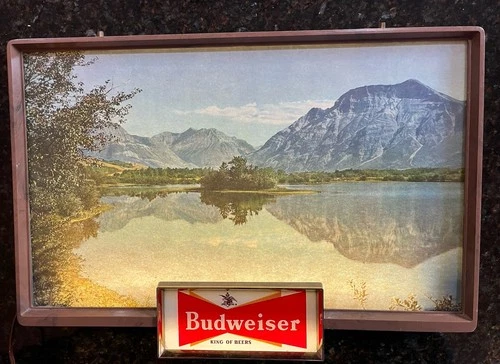 Vintage 1950s Budweiser Beer Lighted Sign Mountain Lake Scene Rare Glass