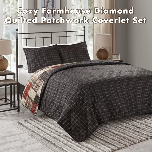 Queen Quilt Set Patchwork Farmhouse, Diamond Quilting Reversible Coverlet Set... - Picture 2 of 7