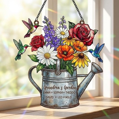 Grandma's Garden Personalized Suncatcher, Custom Hummingbird Flowers Acrylic