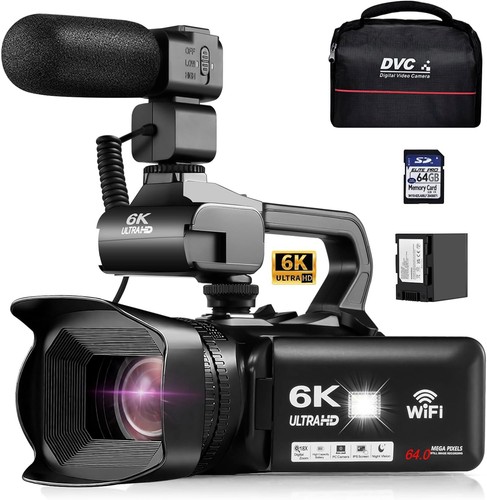 6K UHD Camcorder Video Camera with WIFI, 64MP IR Night Vision 18X Digital Zoom