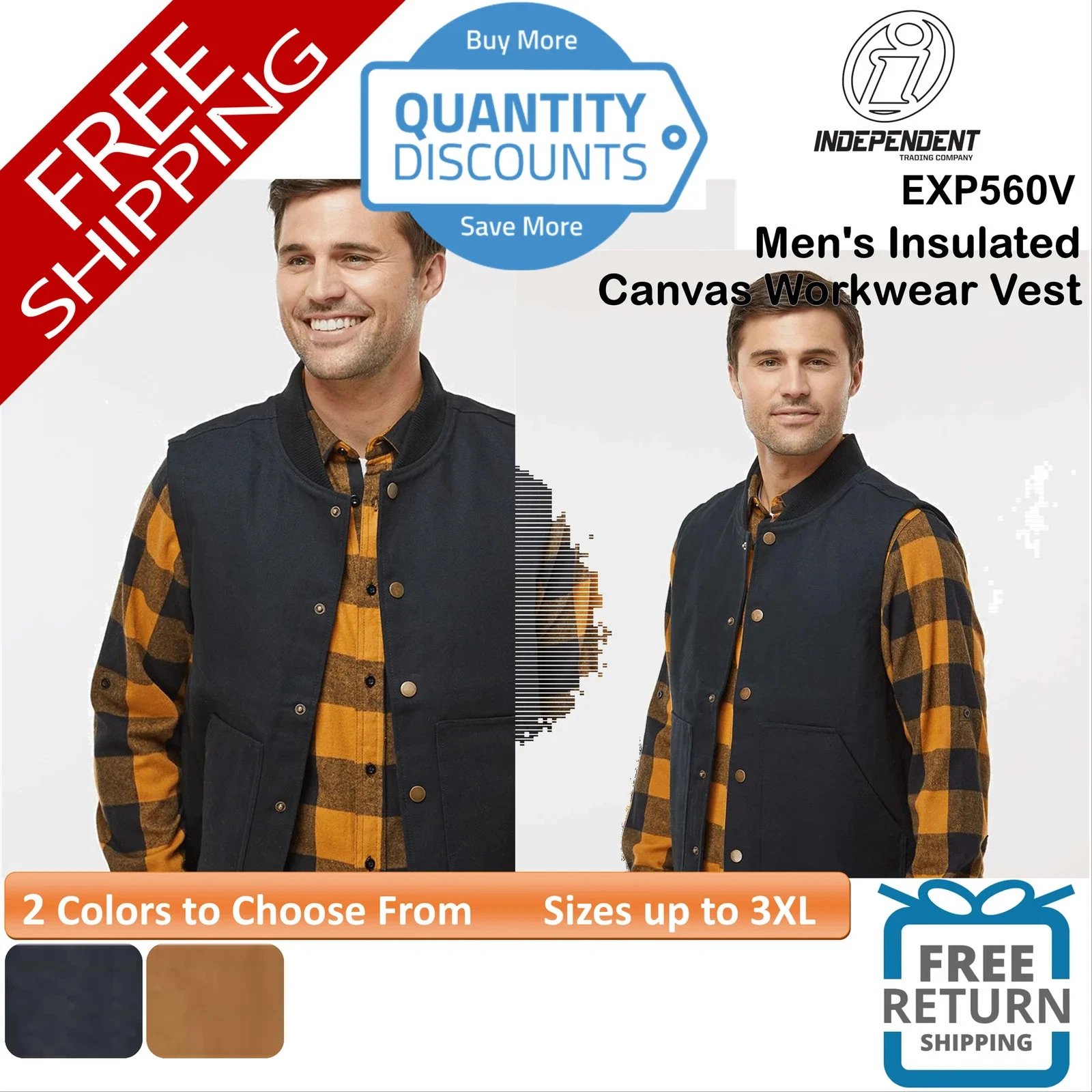 🔥 Independent Trading Co Men's Insulated Canvas Workwear Vest Up To 3XL EXP560V