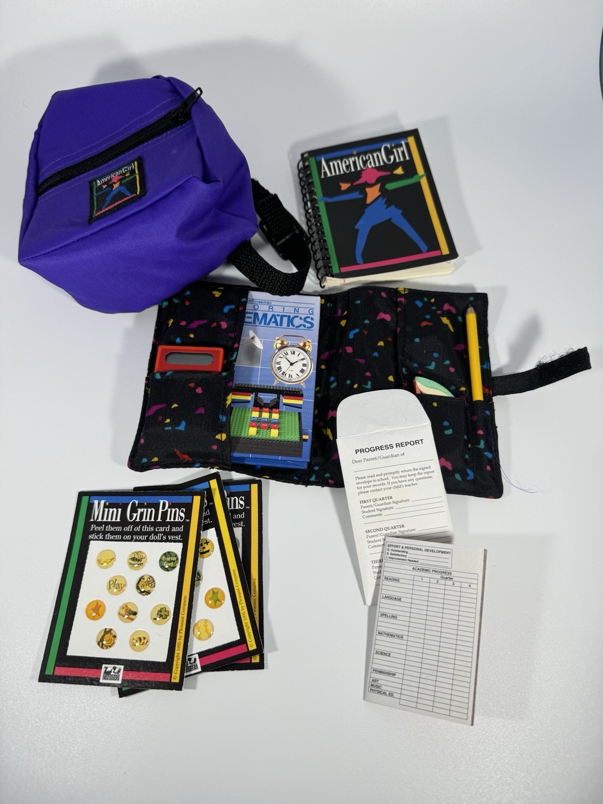 American Girl Doll School Purple Backpack & Supplies Math Book Calculator Folder