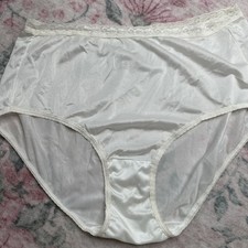 Vtg Panties Sheer Nylon Brief Granny JMS 10 3XL Ivory Off White Satin Lace Trim