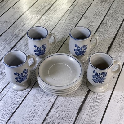 Pfaltzgraff Yorktowne Stoneware Set of 4 Footed Pedestal Coffee Mugs and Saucers