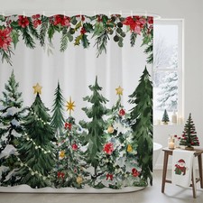 Christmas Shower Curtain Winter Pastel Pine Tree Holiday Decoration Green Set