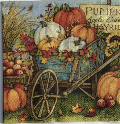 two Individual Pumpkin beverage paper napkins decoupage Fall Autumn Wheelbarrow