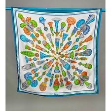 Vintage Fiorio Silk Scarf Novelty Print of Antique Feather Dusters Blue Orange