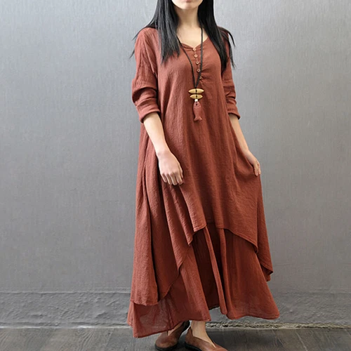Womens Boho Cotton Linen Dress Long Sleeve Dress Sundress Maxi Dress Casual New - Picture 13 of 23