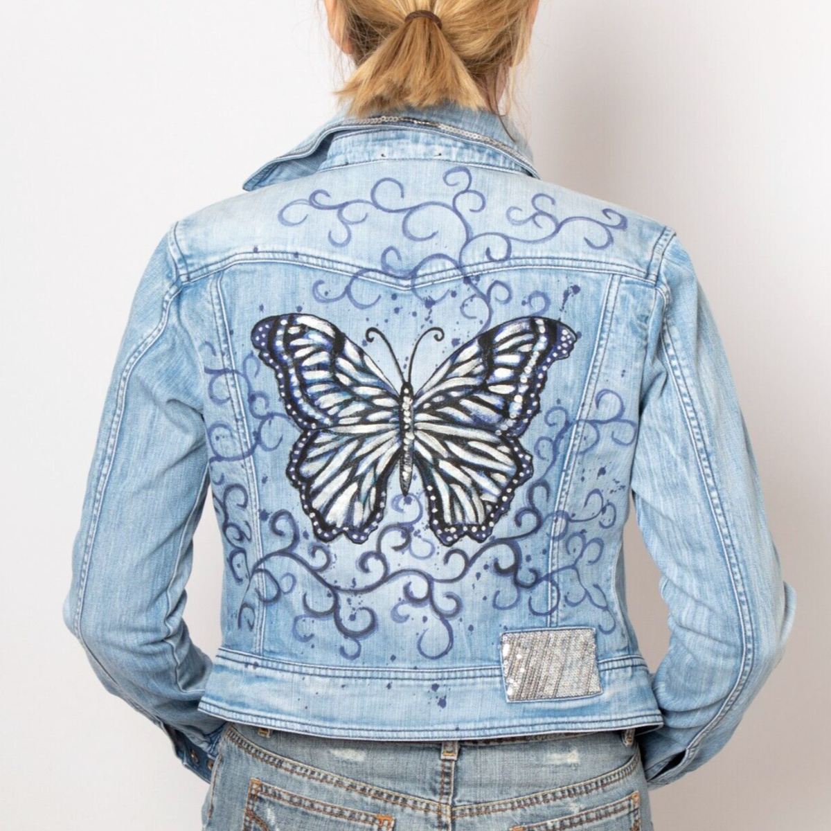 Upcycled Hand Painted Denim Jacket Butterfly Print Fitted Jacket Size M