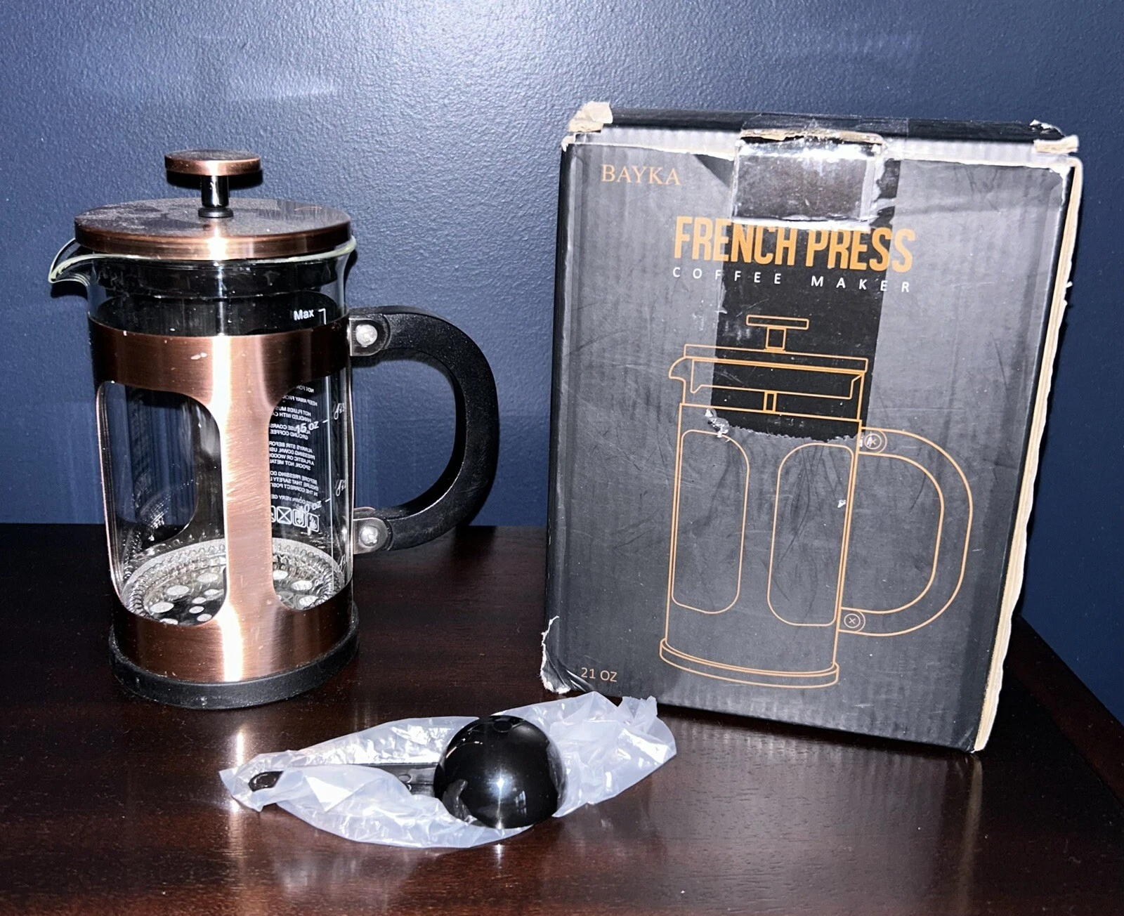 Bayka 21 oz Glass & Copper Color 304 Stainless Steel French Coffee Press NIB
