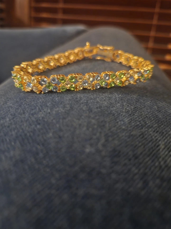 JOAN RIVERS GOLD, BLUE, GREEN CRYSTAL FLOWER TENNIS BRACELET, 7.5", VGC - Image 3 of 4