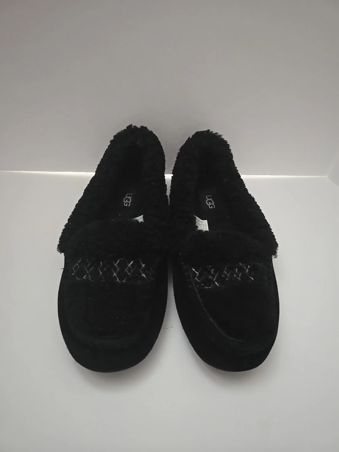 MOCASSINO MOCASSINO PANTOFOLE UGG ANSLEY TRECCIA NERO PELLICCIA SCAMOSCIATA TAGLIA US 9 DONNA. #S8