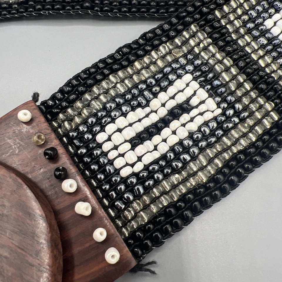 Cinturón boho vintage con hebilla de madera con cuentas pesadas nativo azteca occidental M Foto 3 de 4