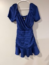 Express Blue Pleated Mini Dress, V-Neck, Short Sleeve, Women's Size