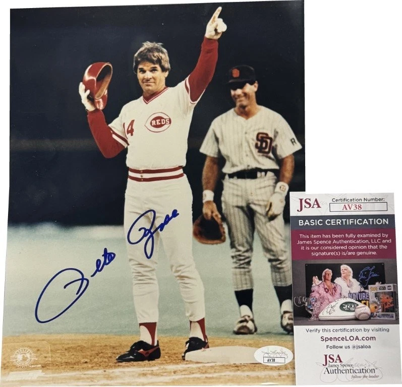 Foto autografiada firmada por Pete Rose 8X10 Rojos Hit 4192 Garvey JSA