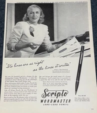 1946 Scripto Print Ad Wordmaster Long Lead Pencil Vera Maxwell Writing Letters